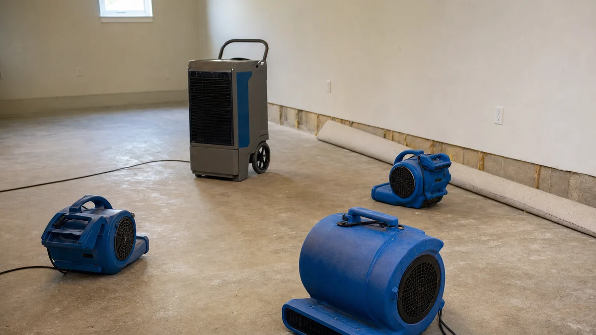 Air movers and a dehumidifier drying a basement floor after water removal