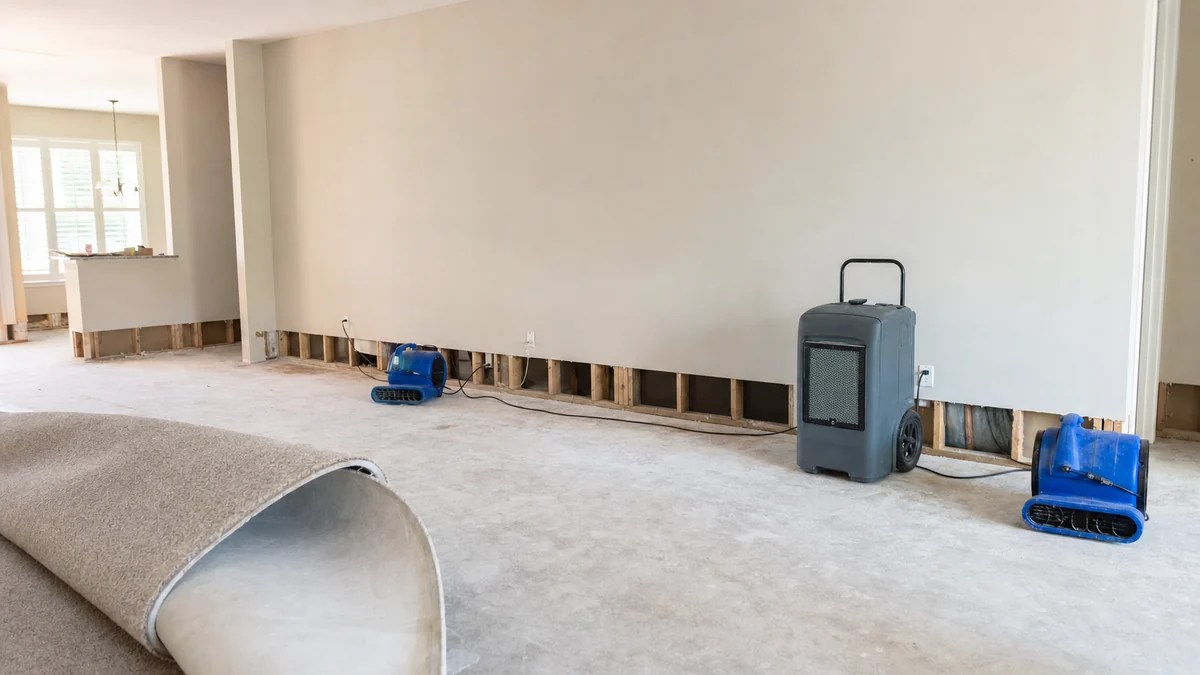 Air movers and a dehumidifier drying an emptied room with the carpet pulled back during water mitigation