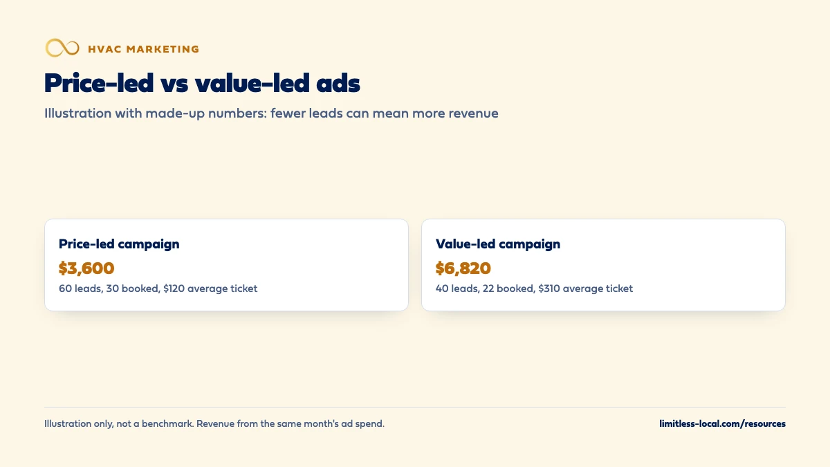 Illustration comparing a price-led campaign with 60 leads, 30 booked jobs and $3,600 in revenue against a value-led campaign with 40 leads, 22 booked jobs and $6,820 in revenue