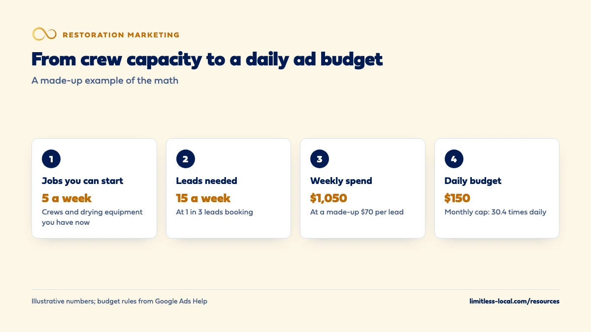 Made-up example turning crew capacity into a daily ad budget: 5 jobs a week, 15 leads a week at 1 in 3 booking, $1,050 weekly spend at $70 per lead, and a $150 average daily budget, with Google capping a month at 30.4 times the daily budget