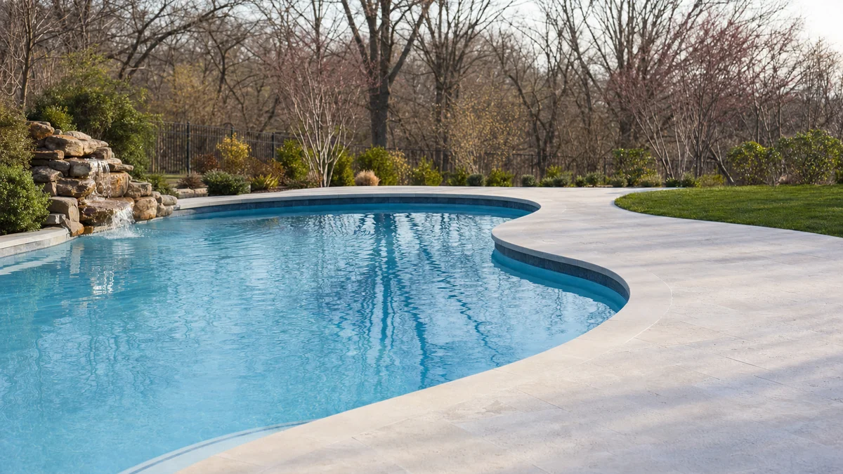 Finished backyard gunite pool in early spring with the cover just removed