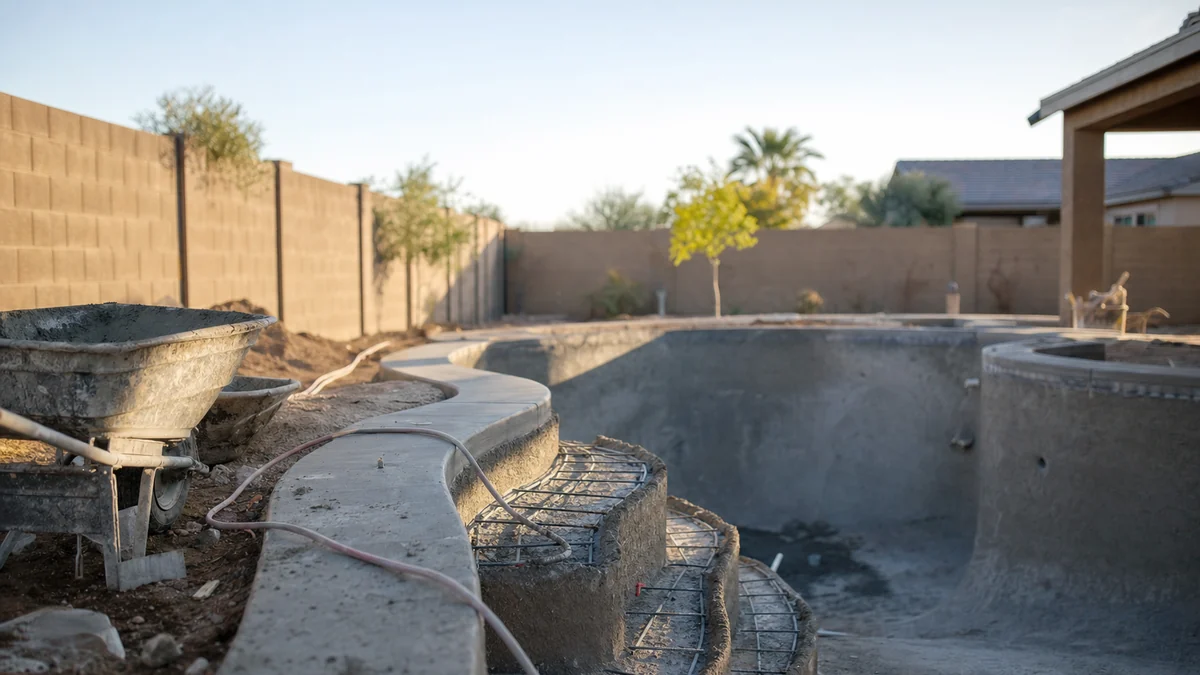 Backyard pool under construction with fresh gunite walls and rebar at the steps