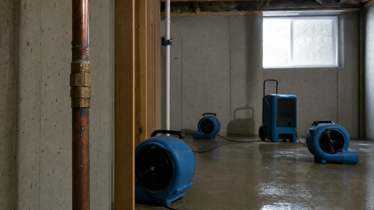 Air movers and a dehumidifier drying a basement floor beside a repaired water line after a freeze
