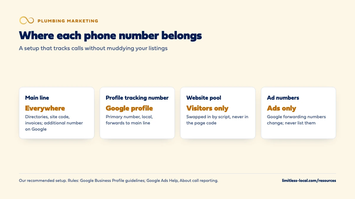 Where each phone number belongs for a plumbing company: the main line everywhere including directories, site code and invoices and as an additional number on Google; a local tracking number as the Google profile's primary number; a website pool swapped in for visitors only; and Google's ad forwarding numbers used in ads only and never listed