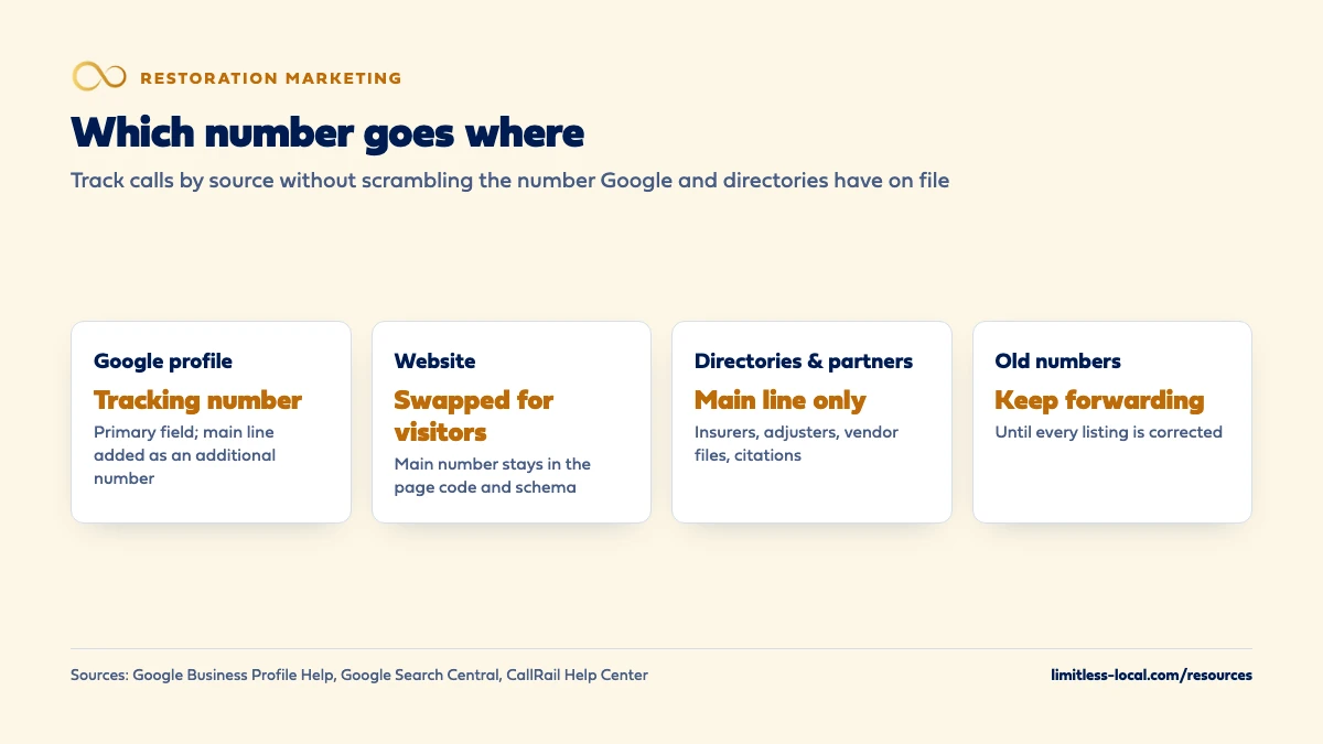 Which phone number goes where for a restoration company: a tracking number in the Google profile's primary field with the main line as an additional number, website numbers swapped for visitors while the main number stays in the page code and schema, the main line only on directories, insurer and partner records, and old numbers kept forwarding until every listing is corrected