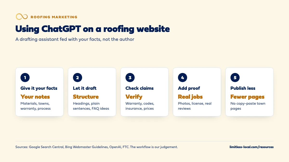 Five steps for using ChatGPT on a roofing website: give it your facts, let it draft the structure, check every claim, add proof like photos and real reviews, and publish fewer, better pages instead of copy-paste town pages