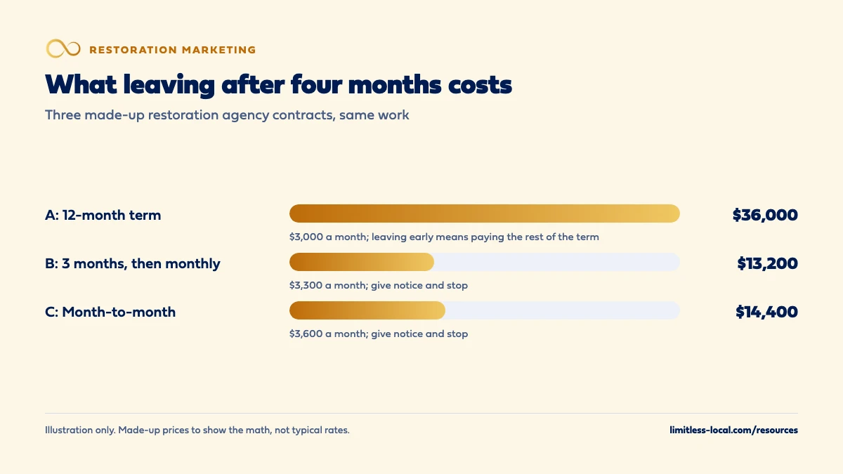 Bar chart of what leaving a restoration marketing agency after four months costs under three made-up contracts: $36,000 for a $3,000-a-month 12-month term that charges the rest of the term, $13,200 for $3,300 a month with three months committed then monthly, and $14,400 for $3,600 a month month-to-month