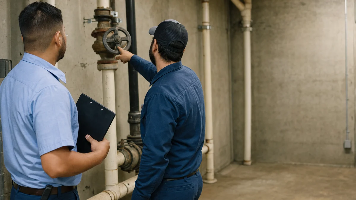 Restoration contractor and building manager walking through a mechanical room to locate the main water shutoff