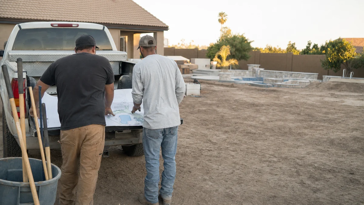 Two contractors reviewing a backyard landscape and pool site plan on a truck tailgate