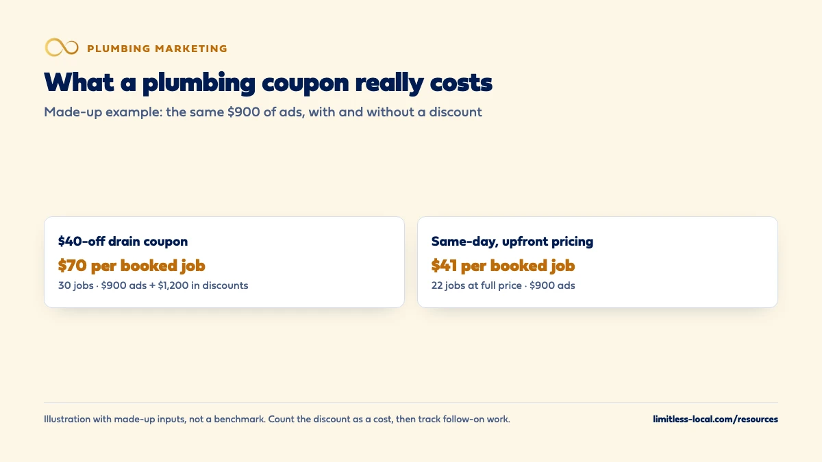 Made-up comparison of the same $900 of ads: a $40-off drain coupon books 30 jobs but costs $70 per booked job once $1,200 in discounts is counted; leading with same-day service and upfront pricing books 22 jobs at full price for about $41 per booked job