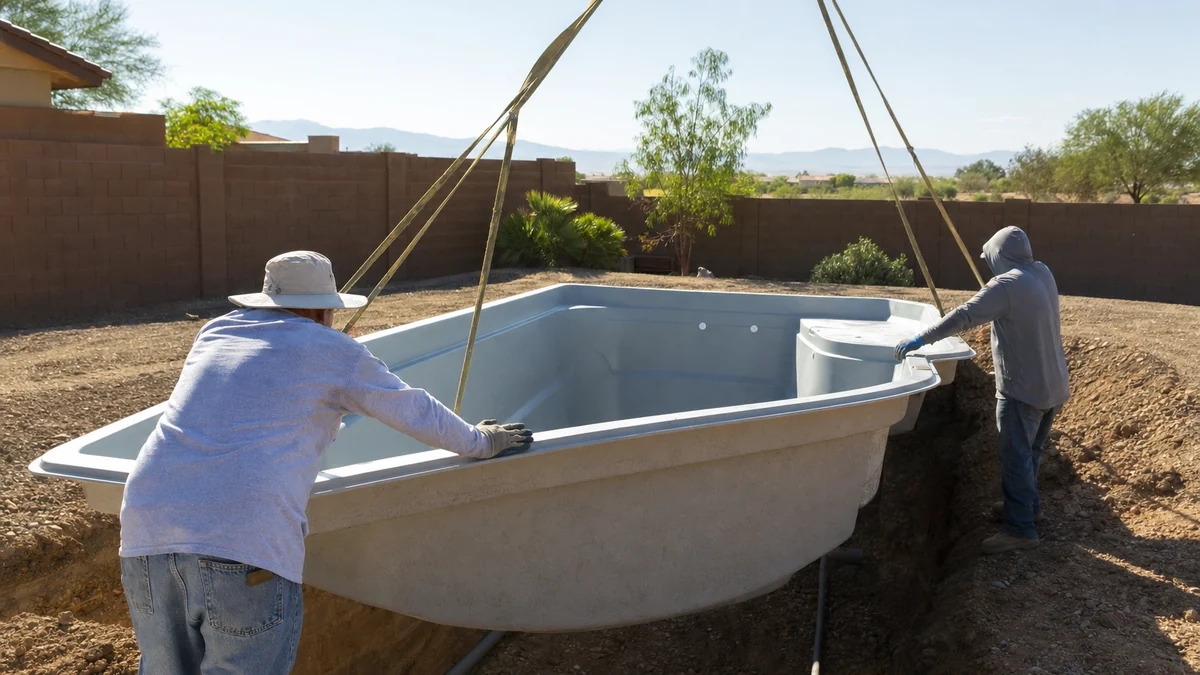 Crew guiding a fiberglass pool shell into an excavated backyard