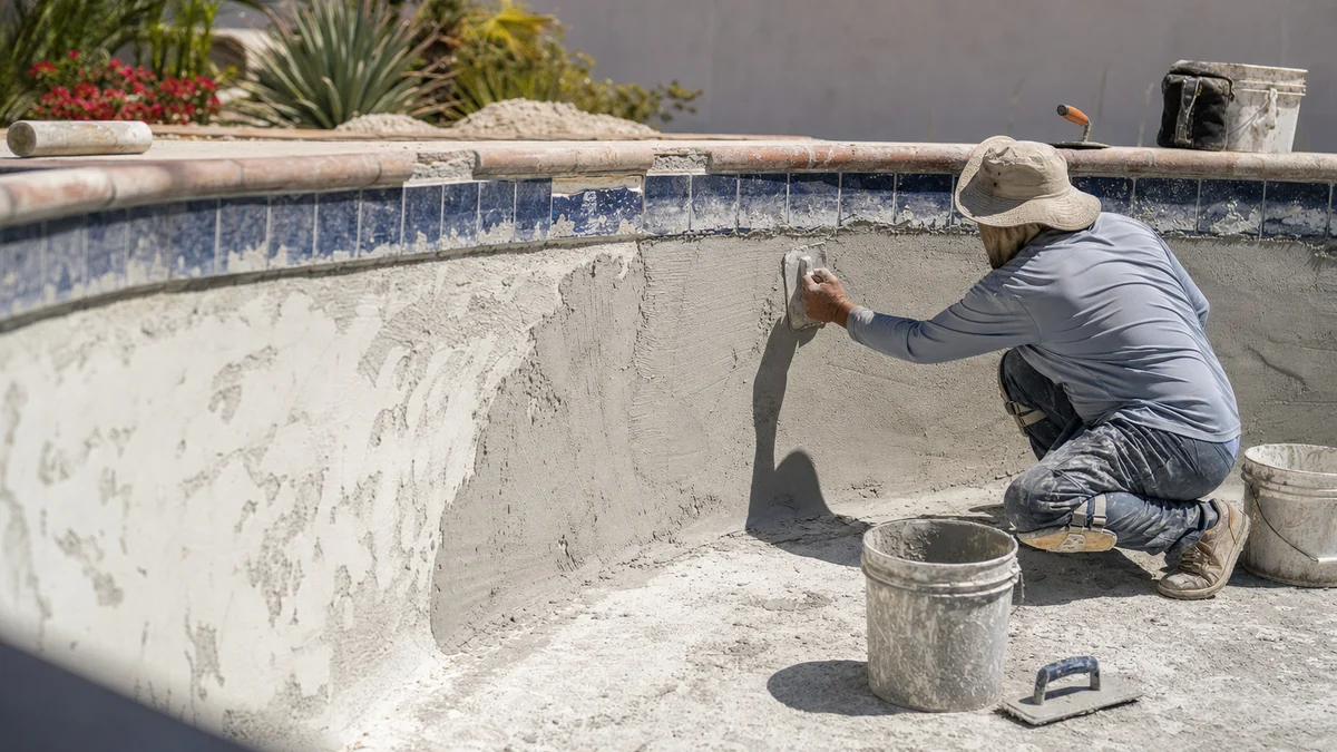 Crew member resurfacing the plaster of a drained backyard pool during a renovation