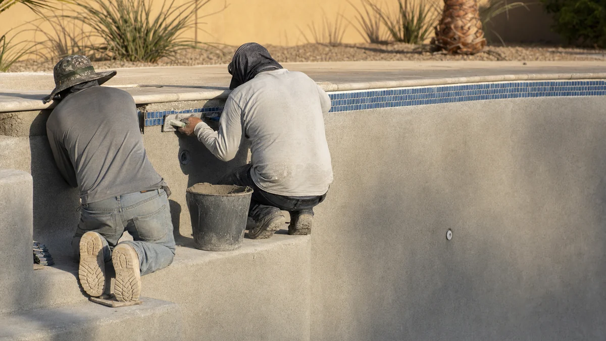 Crew setting waterline tile in an empty gunite pool shell