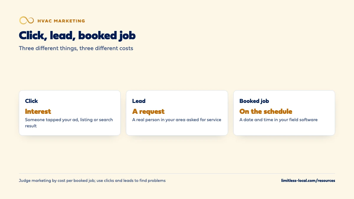 Click, lead and booked job compared: a click is interest, someone tapping your ad or listing; a lead is a request for service from a real person in your area; a booked job is on the schedule in your field software