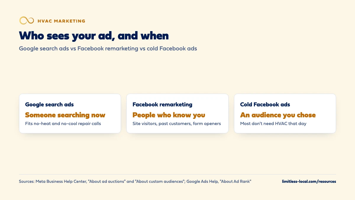 Comparison of who sees each ad type: Google search ads reach someone searching now, which fits no-heat and no-cool repair calls; Facebook remarketing reaches people who already know you, such as site visitors, past customers and form openers; cold Facebook ads reach an audience you chose, most of whom don't need HVAC that day