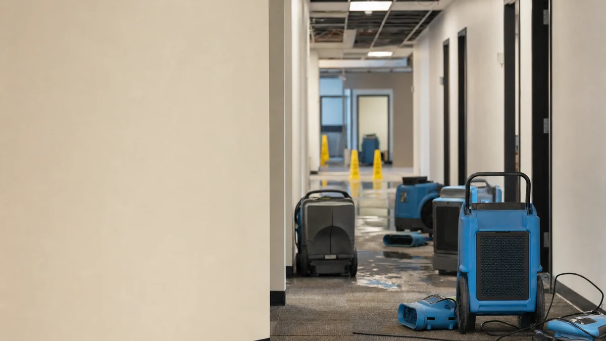 Drying equipment running in an empty commercial office corridor after a water loss