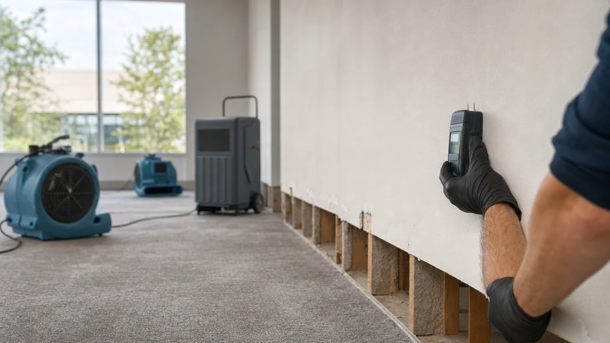 Drying equipment running in an office suite while a technician checks drywall moisture