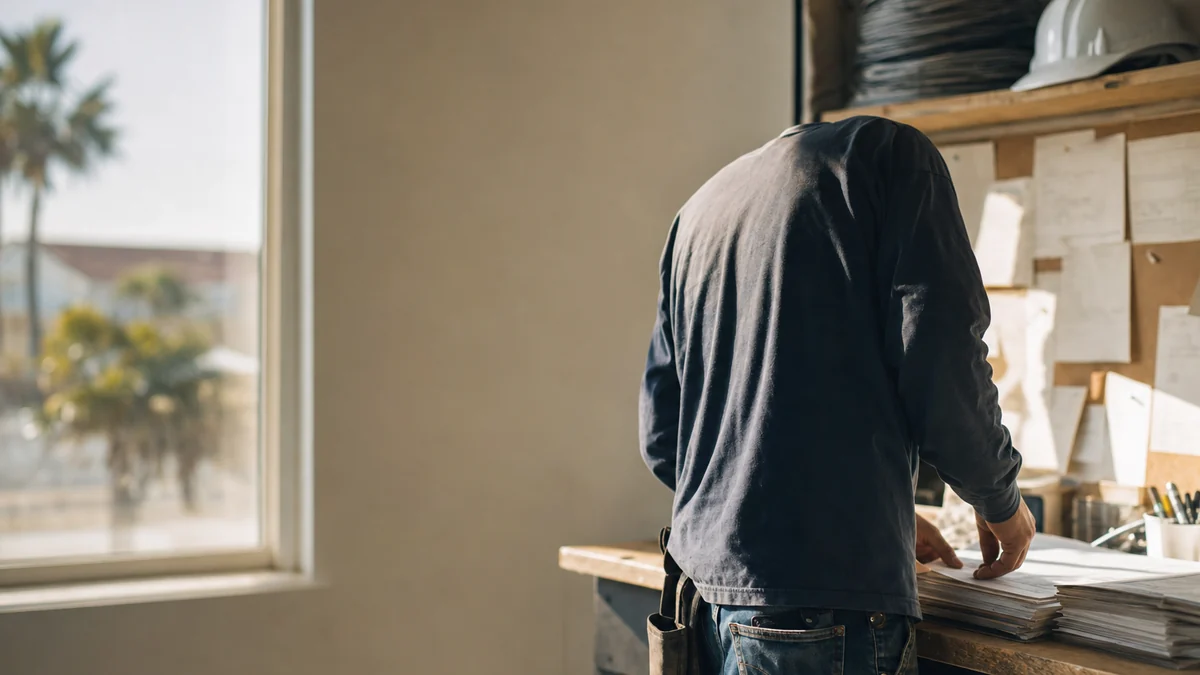 Electrical contractor planning the week's work orders at a shop desk