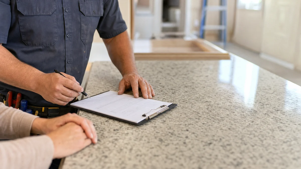 Electrical contractor walking a homeowner through a printed estimate at a kitchen counter