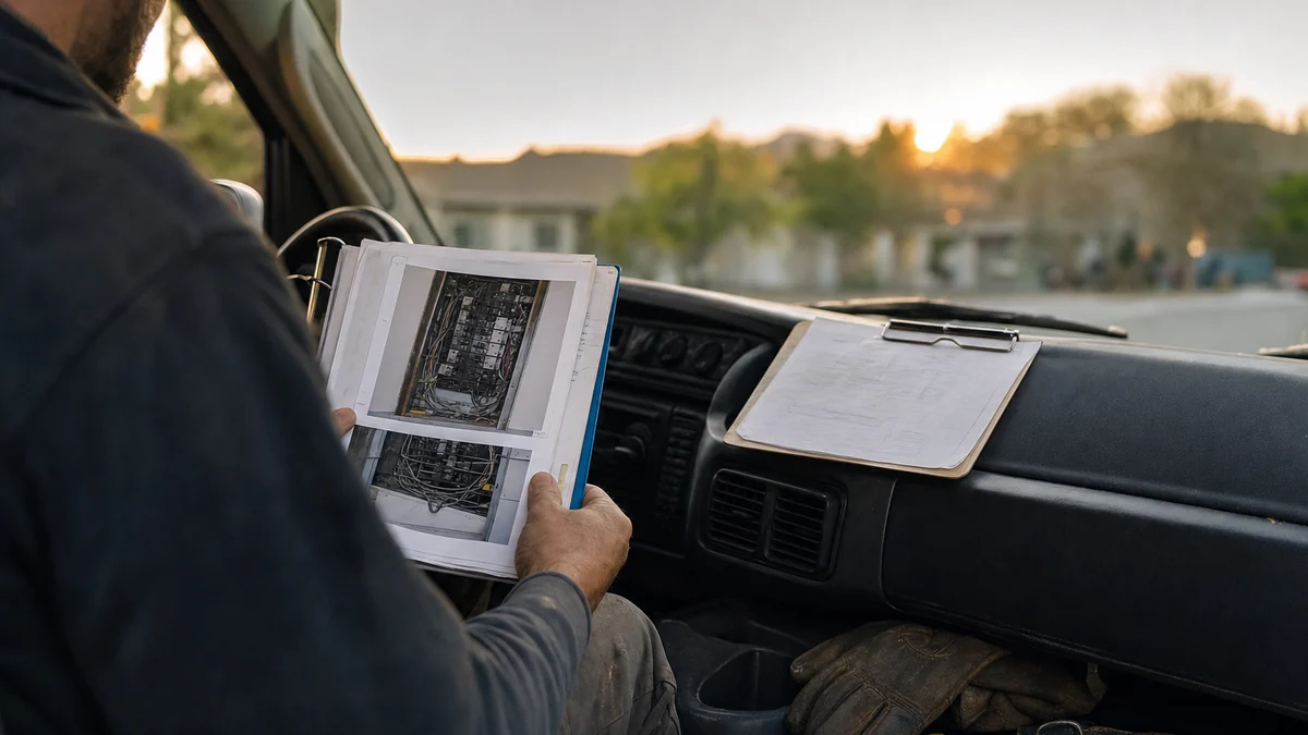 Electrical contractor reviewing job notes and panel photos in a work van