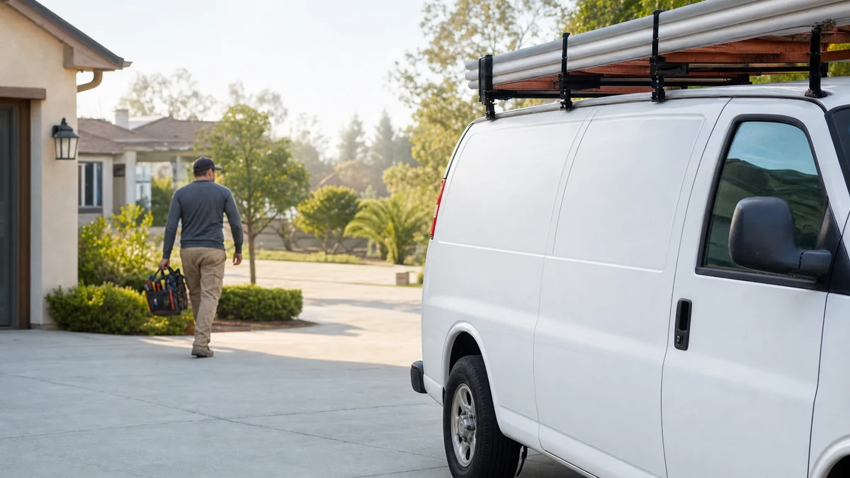 Electrical contractor's work van parked in a residential driveway