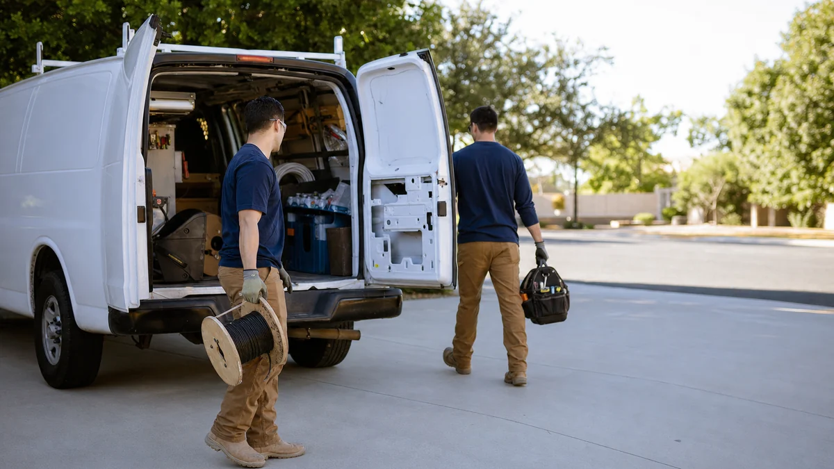 Two-person electrical crew unloading wire and tools from a work van in a suburban driveway
