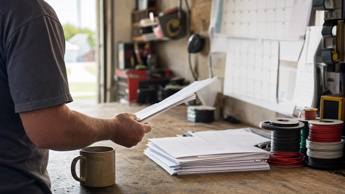 Electrical contractor owner reviewing open quotes against a quiet schedule at his shop