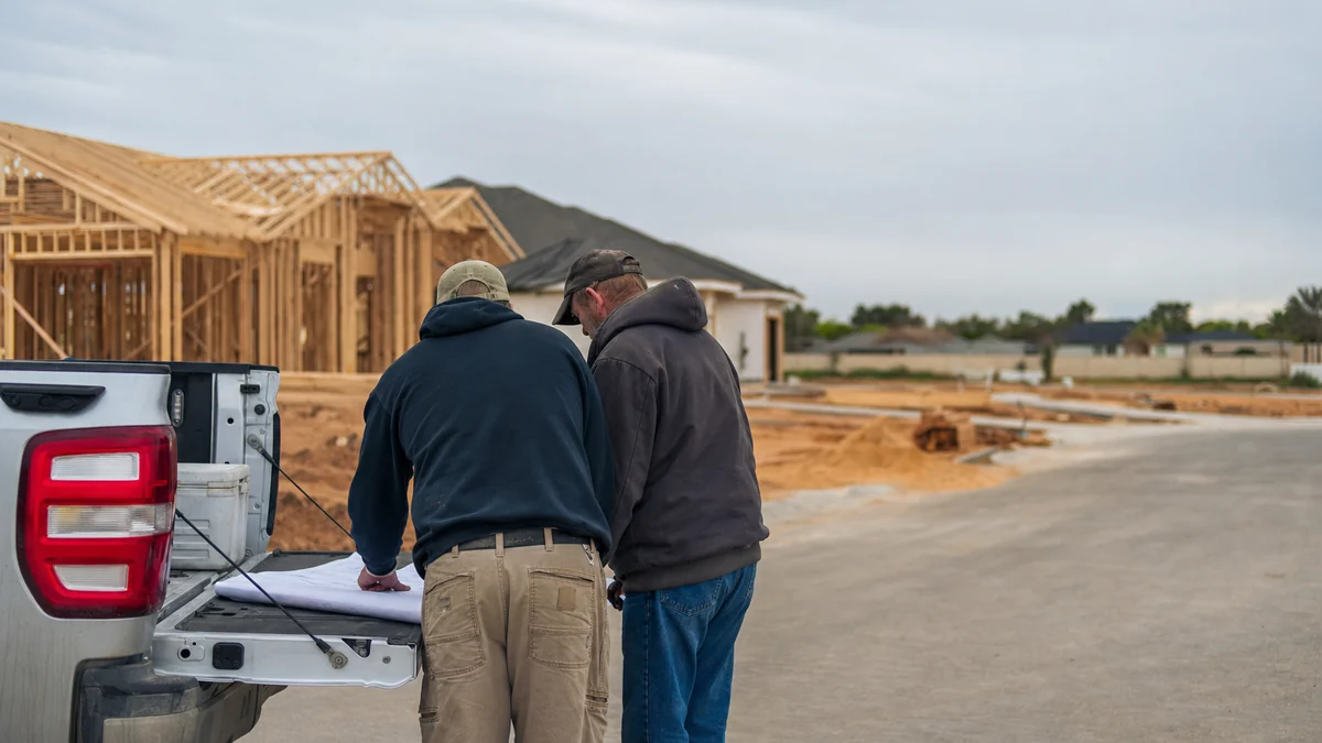 Electrical contractor and builder reviewing construction plans on a truck tailgate at a job site