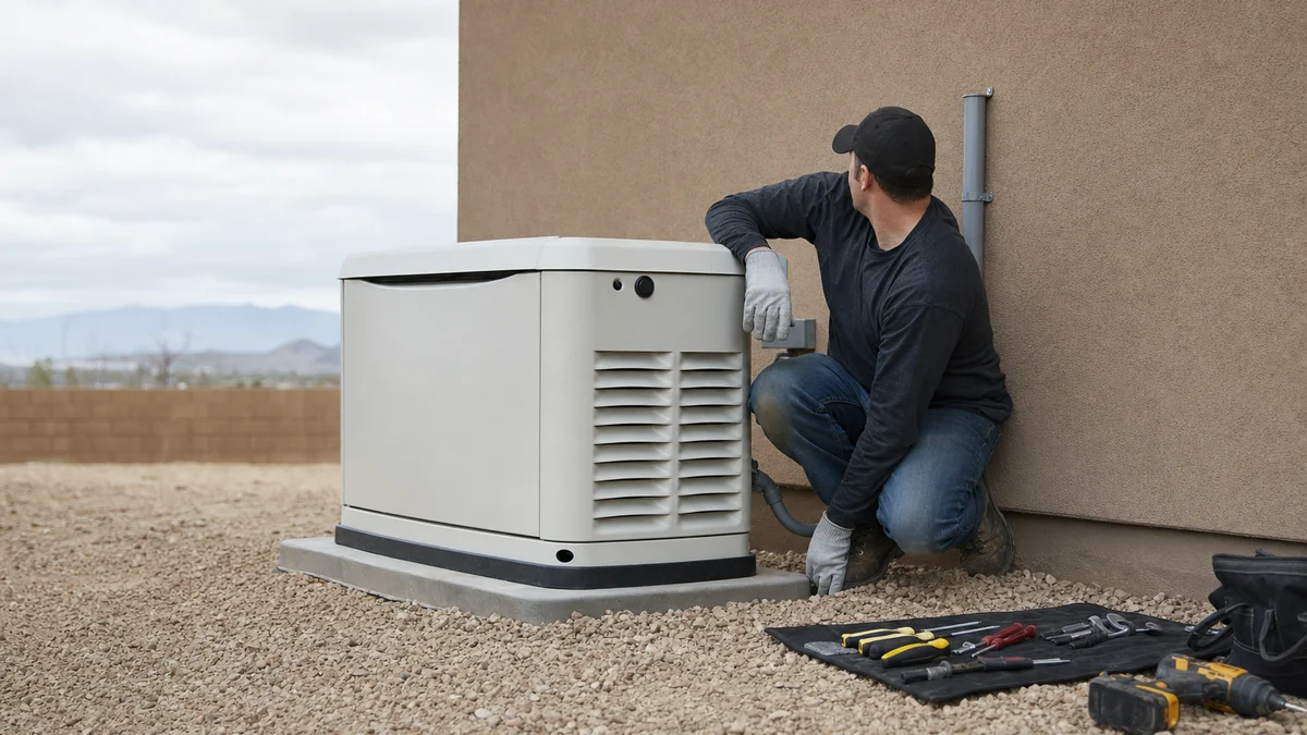 Electrician checking the conduit connection on a newly installed home standby generator