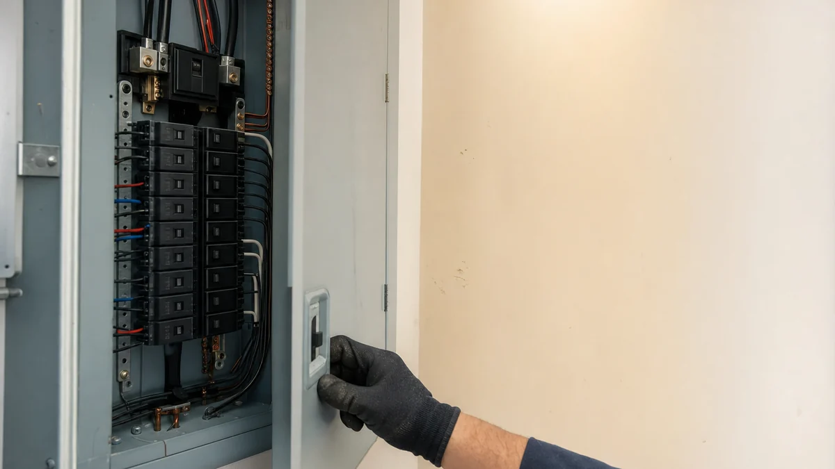 Electrician closing the door of a neatly finished residential breaker panel after an upgrade