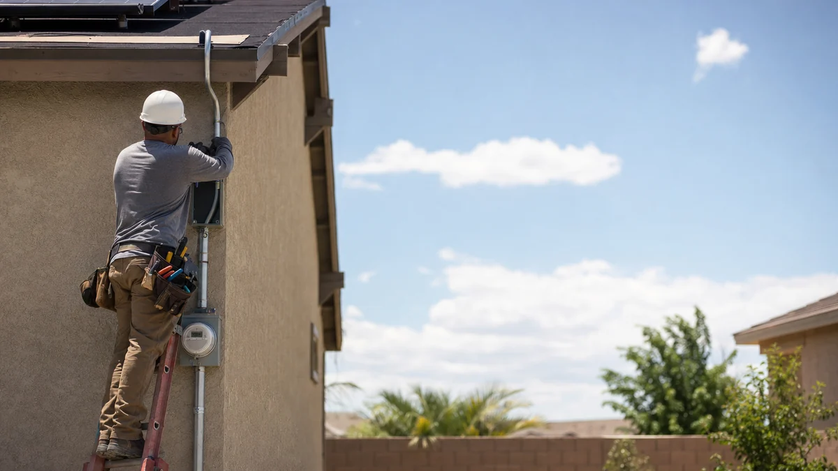 Electrician connecting conduit at a home's exterior disconnect below rooftop solar panels