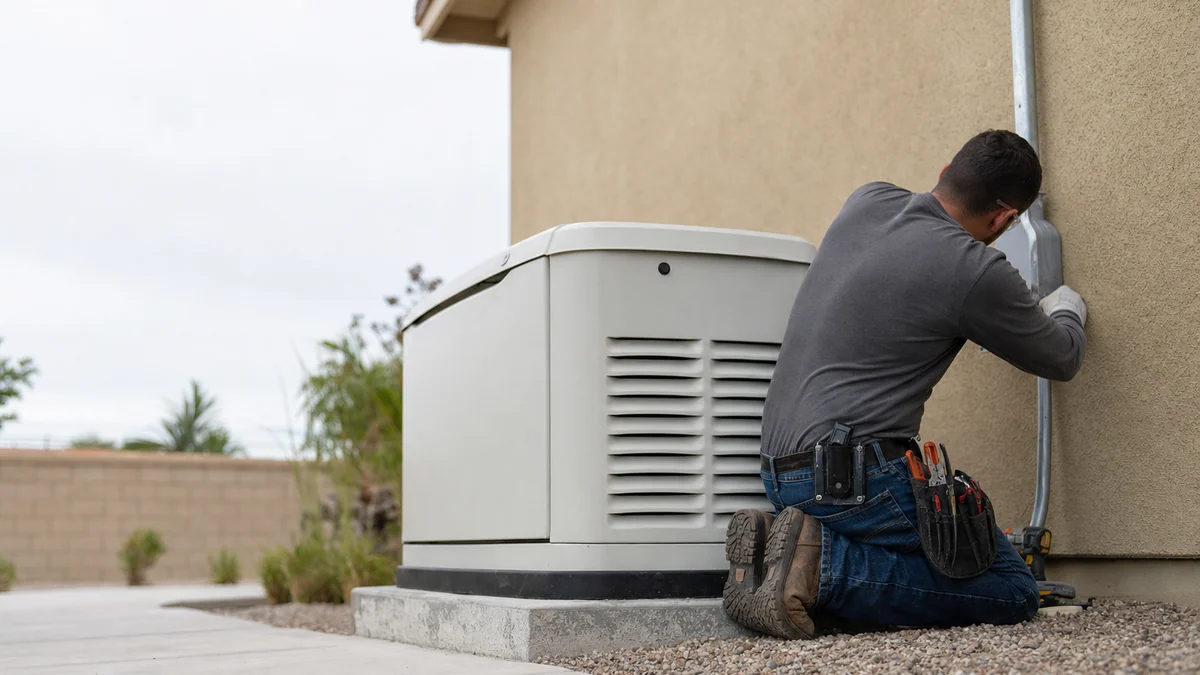 Electrician connecting conduit to a newly installed standby generator beside a house