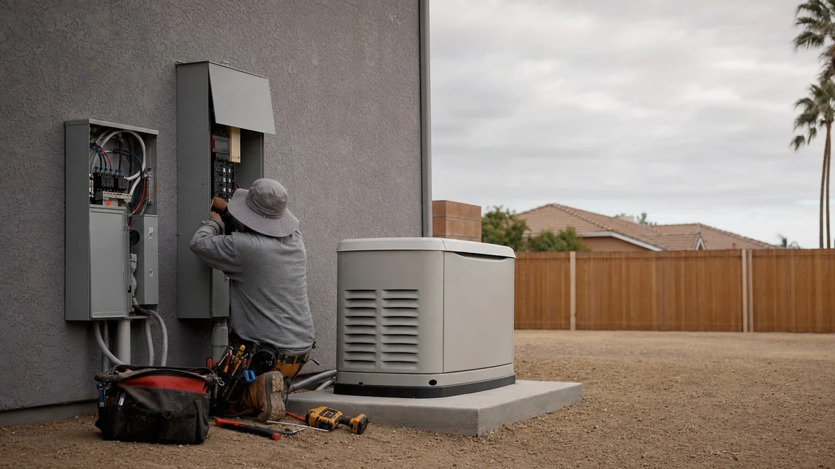 Electrician connecting a transfer switch beside a new standby generator outside a home