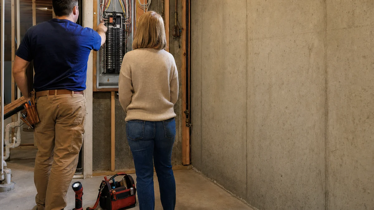 Electrician explaining a panel upgrade estimate to a homeowner at the breaker panel