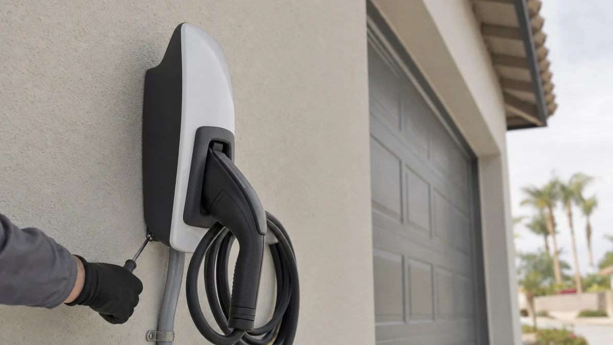 Electrician finishing a newly installed wall-mounted EV charger on a home garage wall
