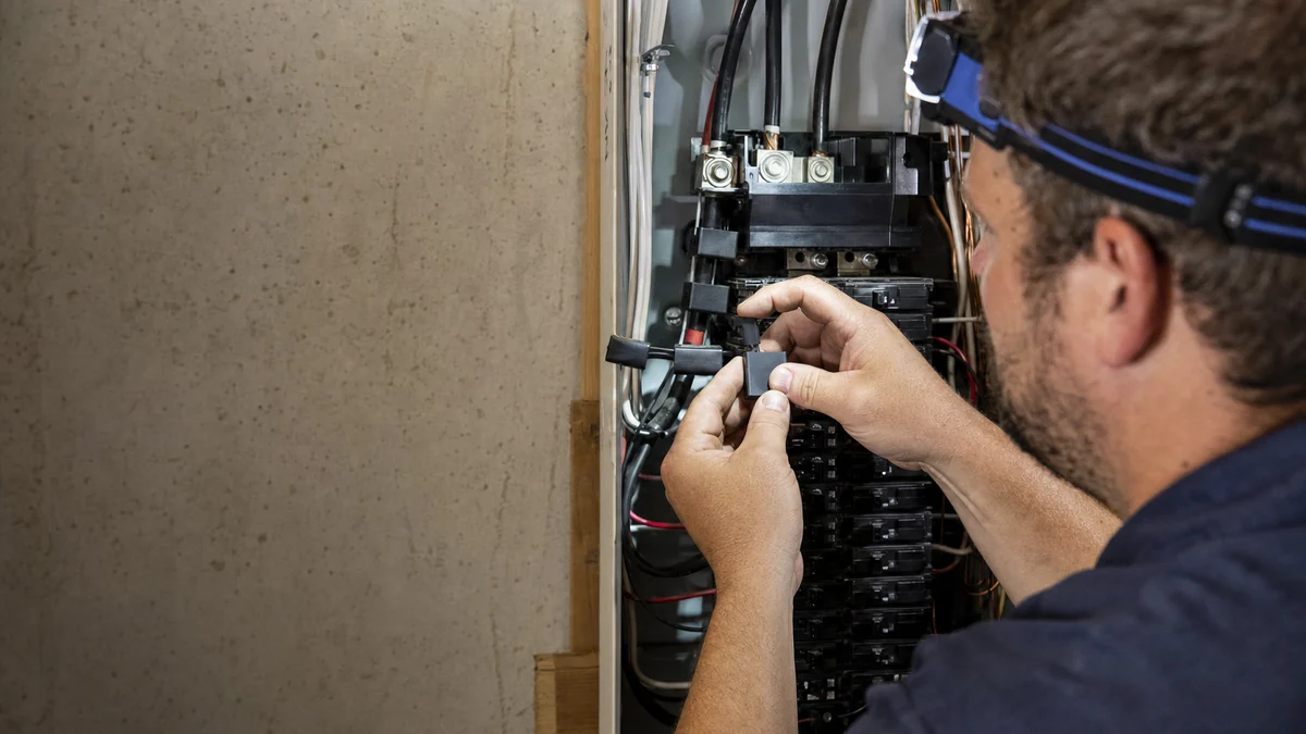 Electrician fitting a whole-home energy monitor inside a residential breaker panel