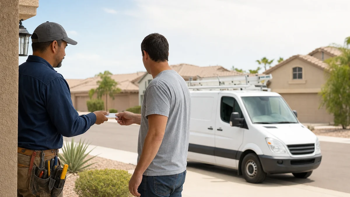 Electrician handing a card to a homeowner on the porch after finishing a job
