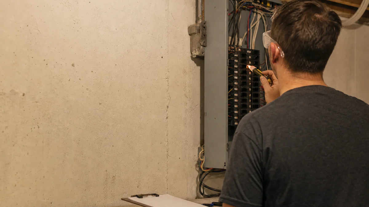 Electrician inspecting an older home's breaker panel during a yearly safety check