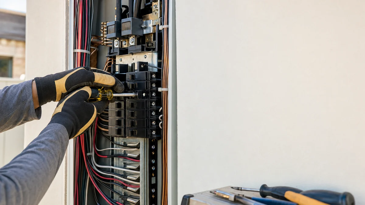 Electrician's hands installing a breaker during a residential panel upgrade