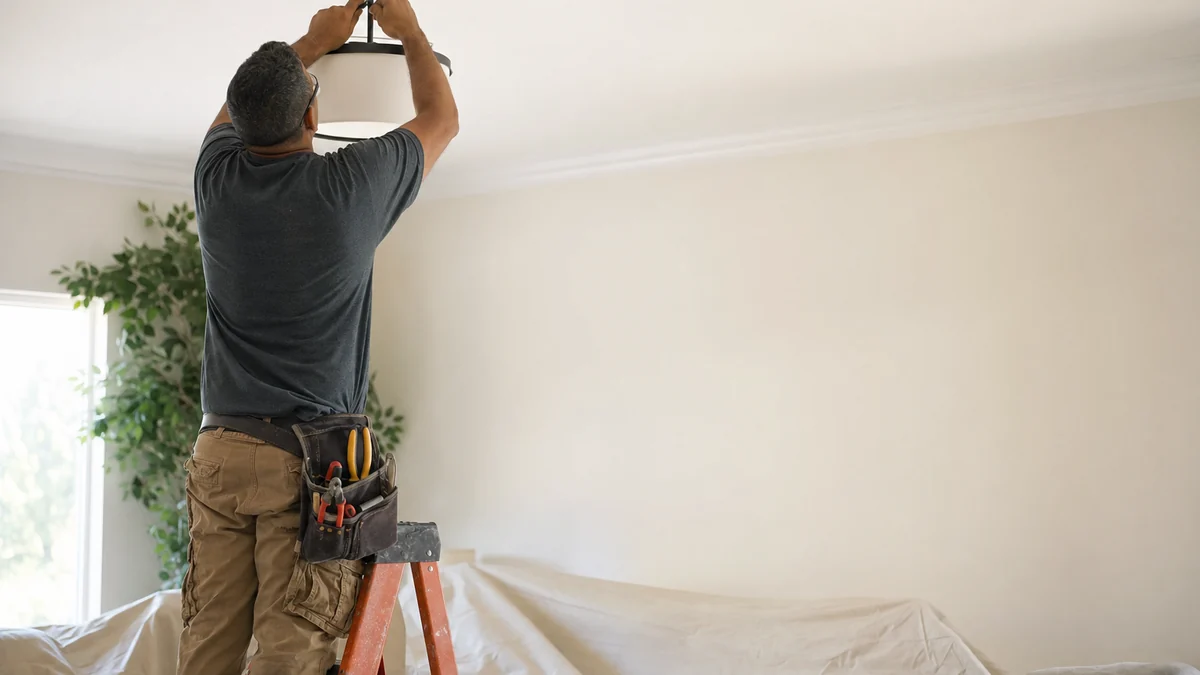 Electrician installing a ceiling light fixture from a step ladder in a living room