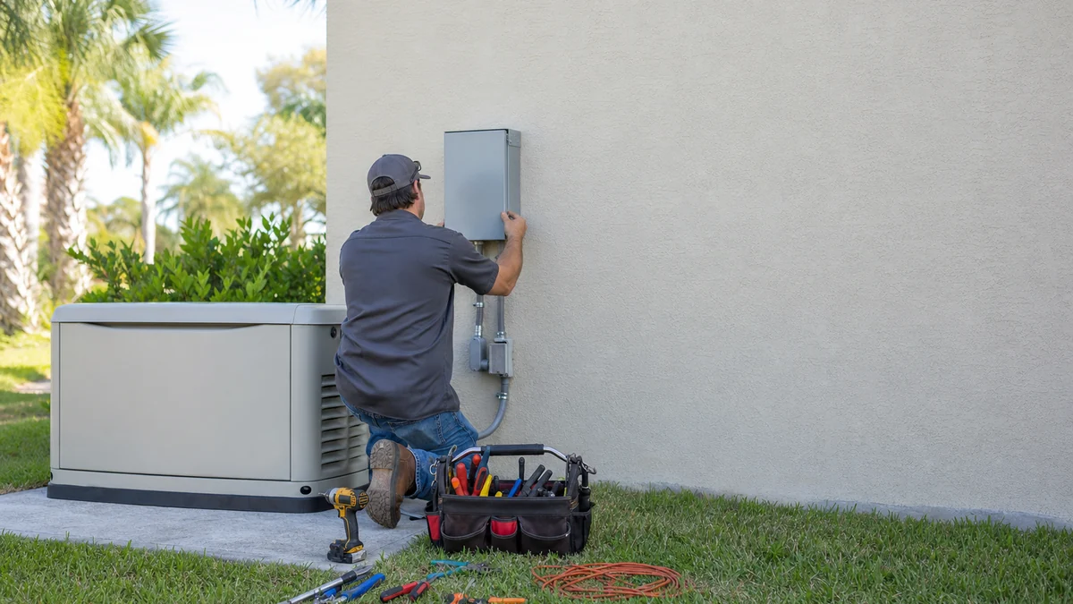 Electrician installing a transfer switch beside a new home standby generator on a concrete pad