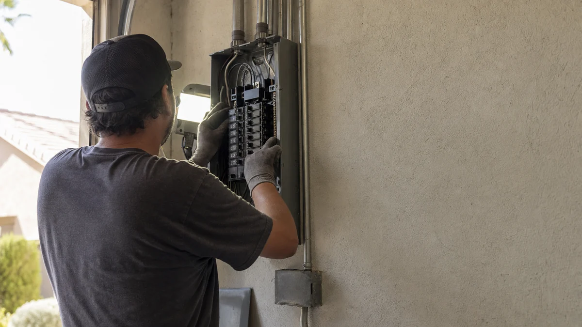 Electrician installing a new residential electrical panel on a garage wall