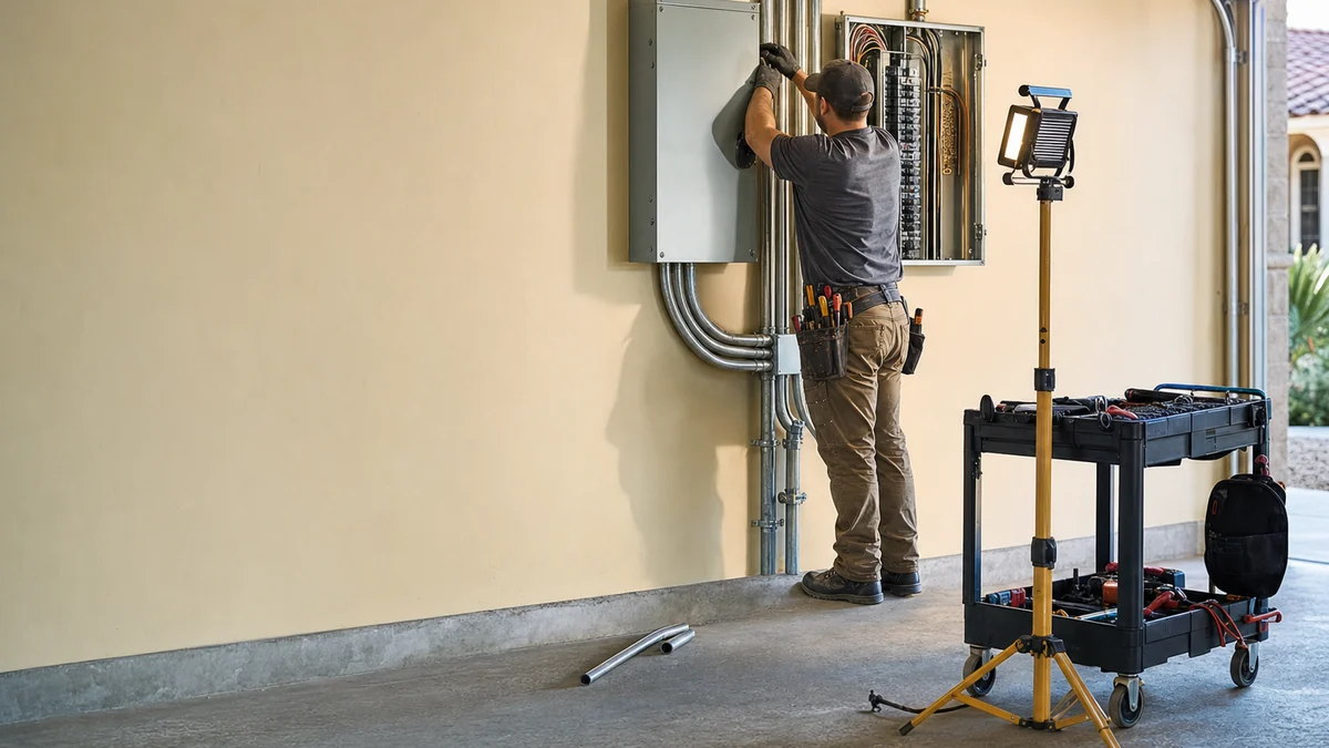Electrician mounting a transfer switch beside an open electrical panel in a home garage