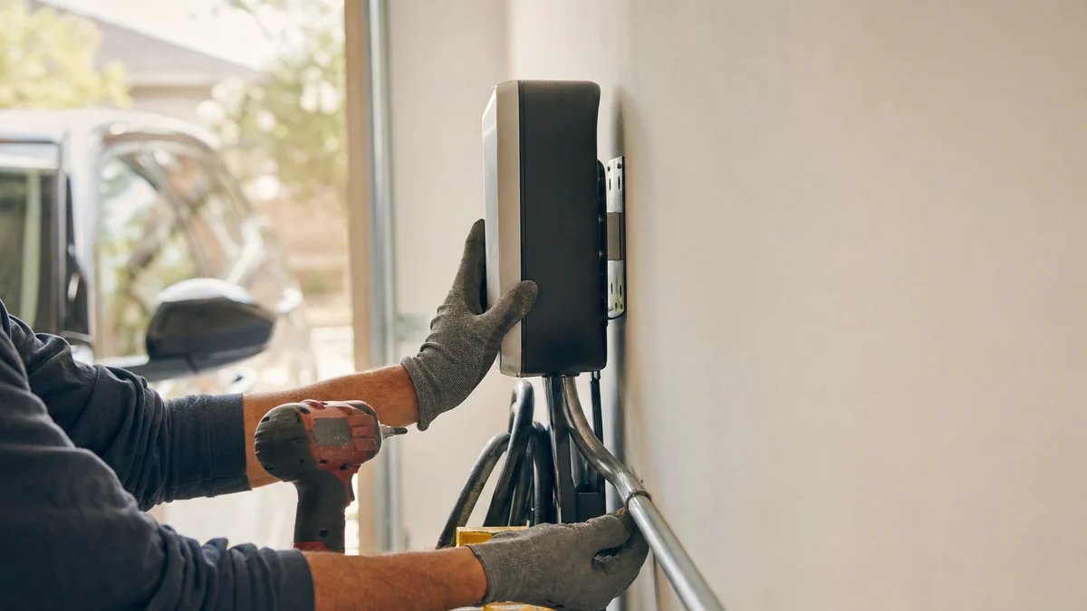 Electrician mounting a home EV charger on a garage wall during an install