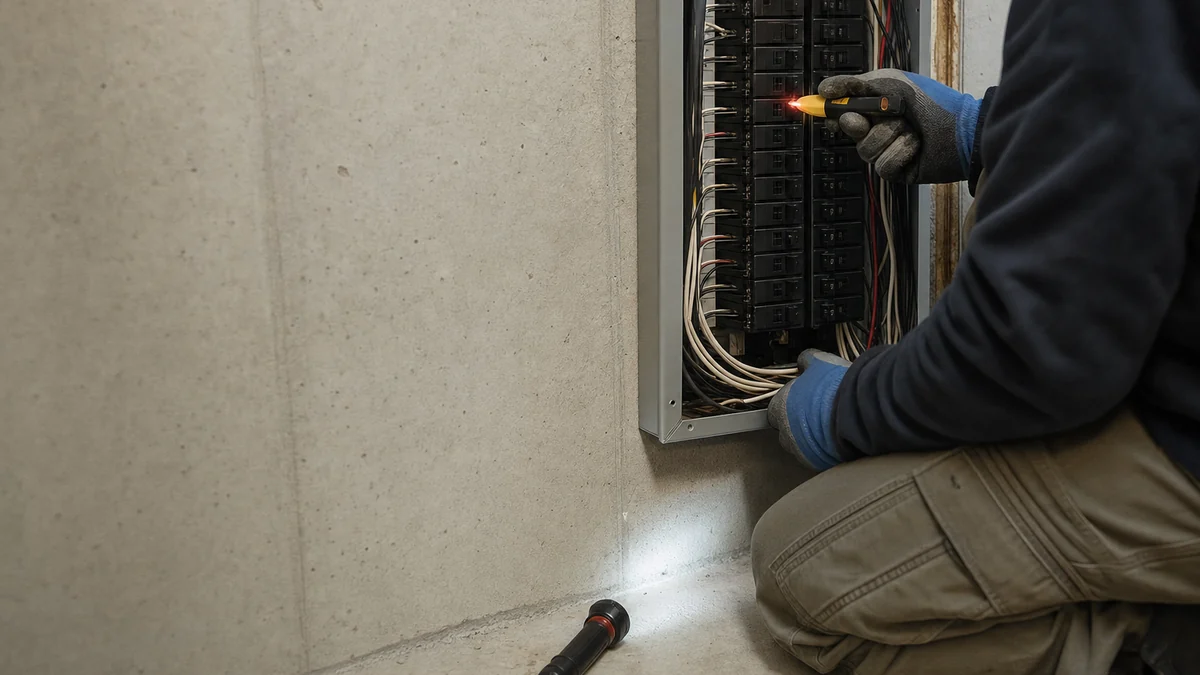 Electrician rechecking a residential breaker panel with a voltage tester during a follow-up visit