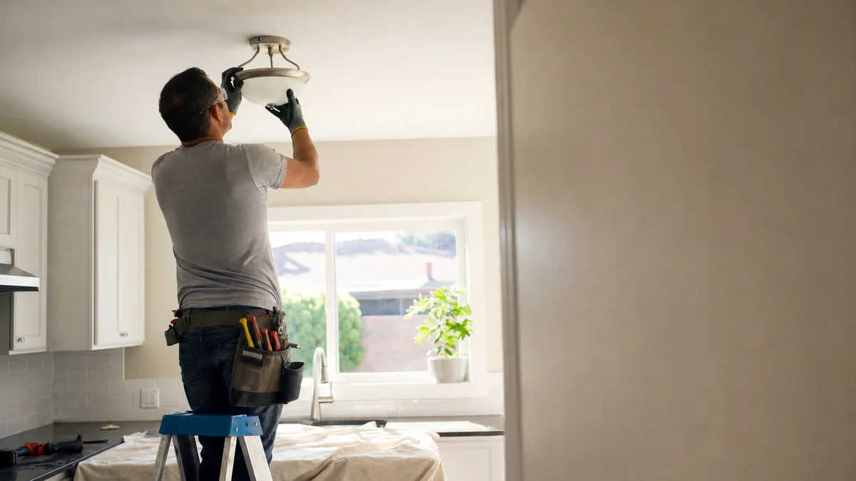 Electrician replacing a kitchen ceiling light fixture from a step ladder