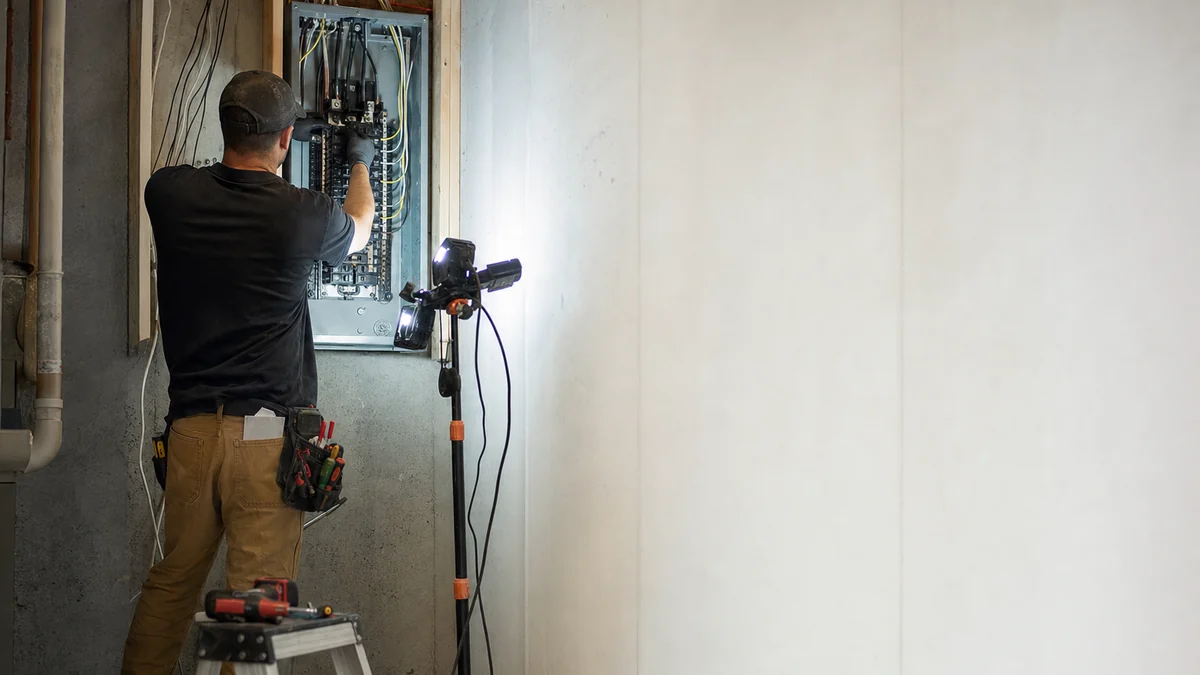 Electrician replacing an old residential electrical panel in a basement