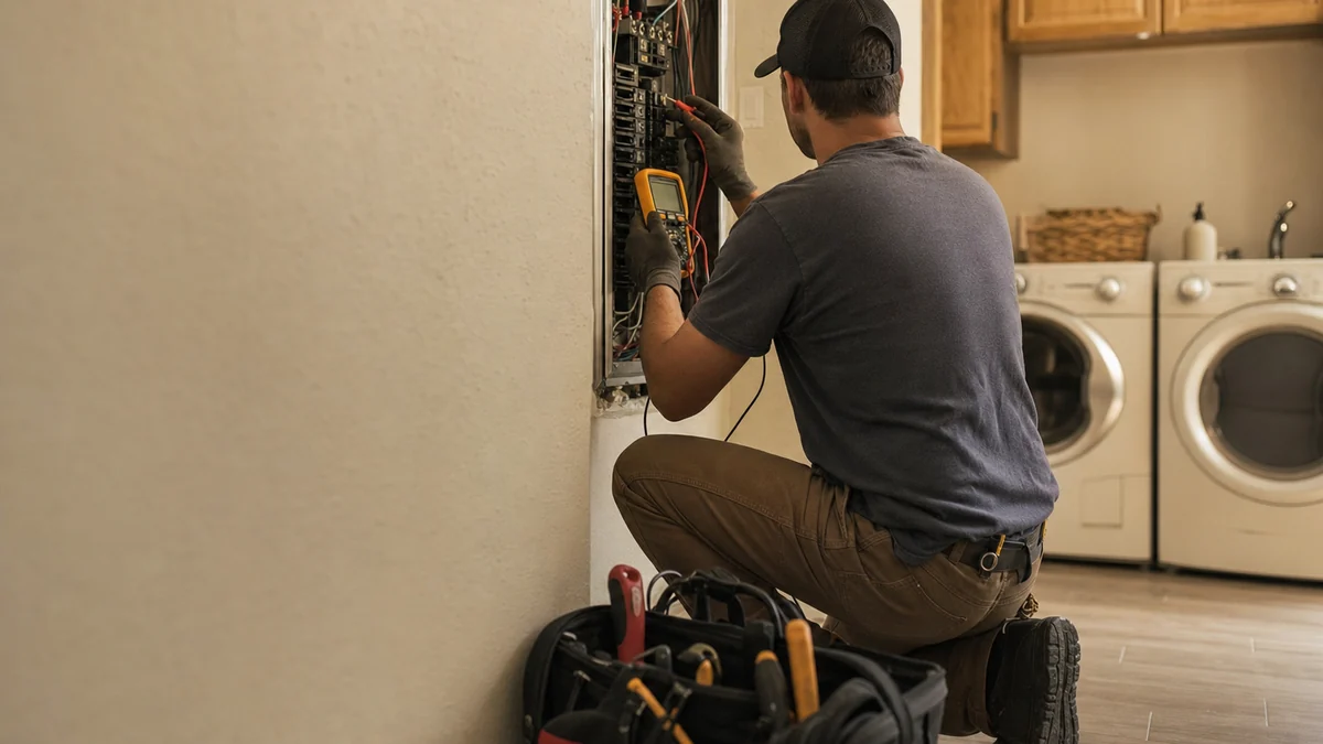 Electrician testing a circuit at a residential breaker panel in a home laundry room
