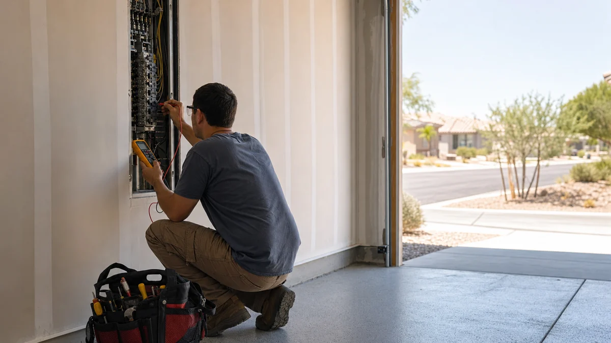 Electrician testing a residential electrical panel with a multimeter in a garage
