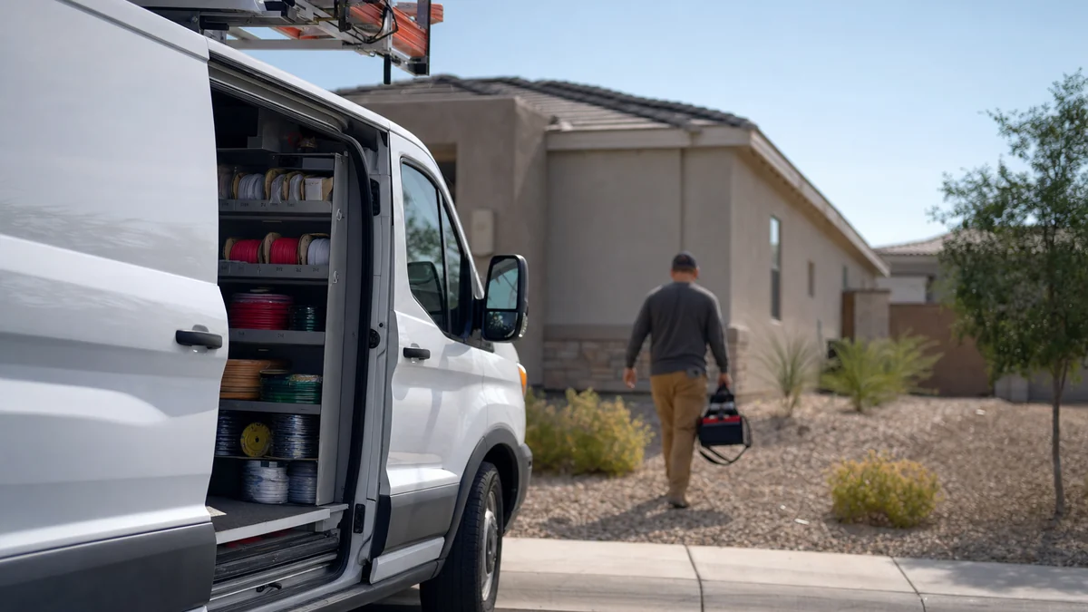 Electrician walking from his work van to a residential job with a tool bag